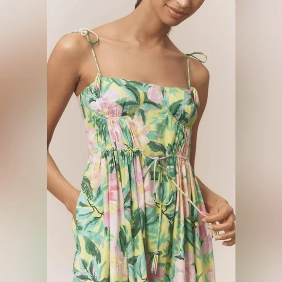 FARM Rio Linen Blend Tie-Strap Sweetheart Babydoll Midi Dress Size XS NEW - Picture 10 of 11